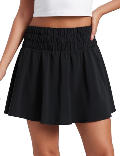 CRZ YOGA Hohe Geraffte Taille Tennisrock | Skort mit Innenhose und Taschen, Schnelltrocknend, Golf, Locker Fallend, Mini, Sportrock für Damen