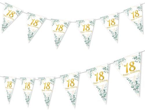 18 Geburtstag Deko Grün Gold, Girlande 18 Geburtstag Wimpelkette, Deko 18 Geburtstag Mädchen Junge, Happy Birthday Wimpelkette 18 Girlande Grün Gold Weiß für Mädchen Junge 18 Geburtstagdeko
