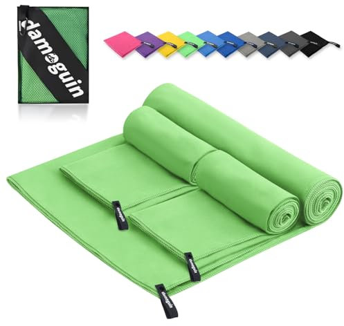 damoguin 3er-Set Mikrofaser Handtuch, Groß (180 * 80cm) & 2 Stück Klein (80 * 40cm) Schnelltrocknende Microfaser Fitness Handtücher, als Sporthandtuch, Strandtuch, Badetuch und Reisehandtuch (Grün)