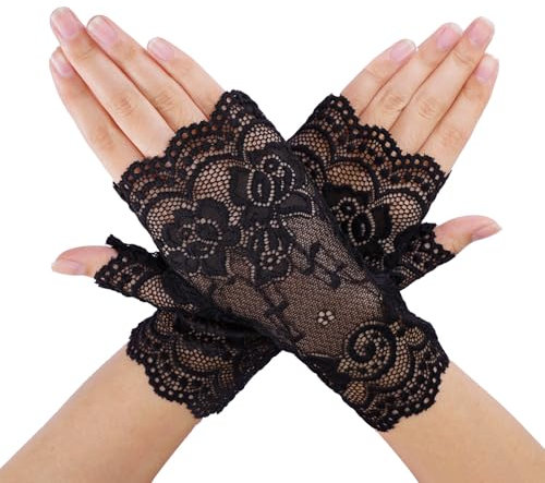 Lufdegim Damen Spitzenhandschuhe Fingerlose Handschuhe Kurze Party Spitze Satin handschuhe Teeparty Braut Hochzeits Oper Tanz Cosplay Kostüm Zubehör Elegante (1, Schwarz, 18cm)