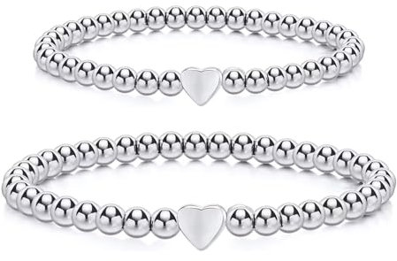 MisFun 2 Stück Elastisches Kugelarmband - Herz Kugeln Armkette, Perlenarmband Geschenk für Frauen Mädchen Freundin