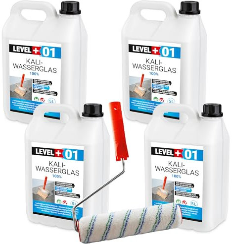 Level Plus 01 Kaliwasserglas 28-30 Unverdünnt 20 Liter Haftgrund Abdichtung Holzimprägnierung Pur Wasserglas 100%, Beton Versiegelung Wetterfest + Farbroller 10cm