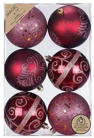 Weihnachtskugeln Kunststoff 8cm 6er Set - bruchsicher & mit Glitzer Muster - Große Christbaumkugeln für Weihnachtsbaum - Weihnachtsbaumkugeln & Christbaumschmuck Dunkel Weinrot - Bordeaux Red