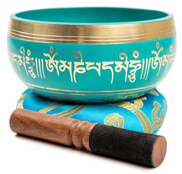 HIMALAYAN BAZAAR Tibetisches Klangschalen-Set, 10,2 cm, einfach zu spielen, authentisch, handgefertigt für Meditation, Klang, 7 Chakra-Heilung, Türkisblau, 10,2 cm