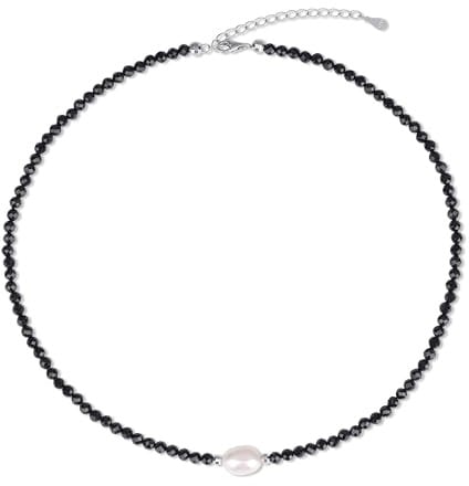 COAI Damen Perlen Halskette mit Natürlichen weißen Süßwasserperlen und 4mm Spinellsteinen für Frauen