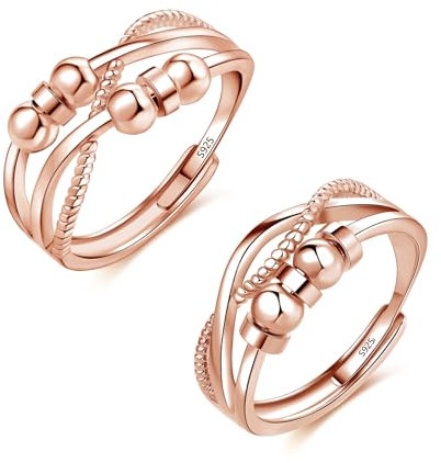 Deyanse Silber Anxiety Ring, 2PCS 925 Sterling Silber Anti-Stress Ring Set, Offen Einstellbar Angst Ring Partnerringe, Rose Gold Unendlichkeit Spinner Fidget Ring, Stimmungsring gegen Stress
