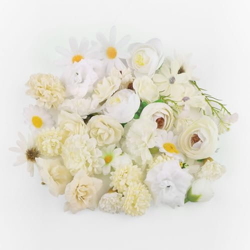 JTgugu 40 Stück Kunstblumen Köpfe Masse 2-6cm Künstliche Blumenköpfe Verschiedene Sorten Blumen Mini Fake Kunstblume Flowers klein Blüten Künstlich Dekoblumen für DIY Tortendeko Handwerk Deko, Weiß