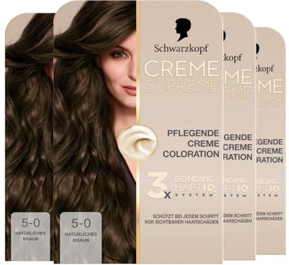 Schwarzkopf Creme Supreme Coloration 5-0 Natürliches Braun (4x 182 ml), dauerhafte Haarfarbe mit Serum und Haar-Maske schützt vor sichtbaren Haarschäden, für 100% Grauabdeckung