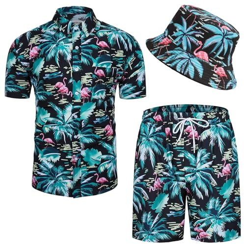 Harsever Chemise hawaïenne pour homme - Manches courtes - Flamant rose - Short d'été - Chemise hawaïenne et short de plage, vert, L