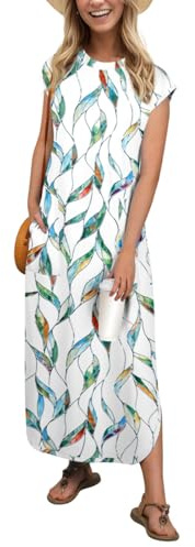 PrinStory Women's Maxi Dress With Pockets Cap Sleeves Summer Dresses For Ladies Casual Lightweight Sundress Beach Party Office Wear