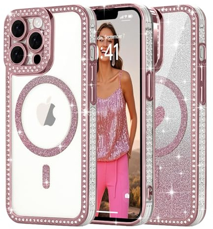 Ethanger Magnetic Glitter Case for iPhone 13 pro max, Bling Border, Pink | Compatible with MagSafe, Sparkle Rhinestone Border, with Removable Glitter Insert, Protective Shockproof for Women Girls