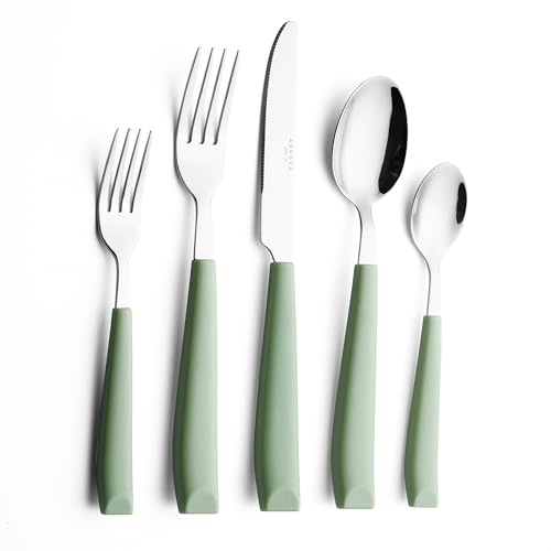 ANNOVA Juego de cubiertos de acero inoxidable, mangos de colores, tenedores, tenedores de ensalada, cuchillo de mesa, cucharada y cucharadita (Verde sabio, 20 piezas)
