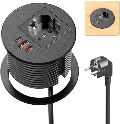 HANNELORE Einbausteckdose mit 2 USB C PD 35W, Versenkbare Steckdose mit USB A QC 30W, Tischsteckdose Versenkbar für Schreibtisch Möbel Arbeitsplatte, Einbau Steckdosenleiste mit 1,8m Kabel, Schwarz