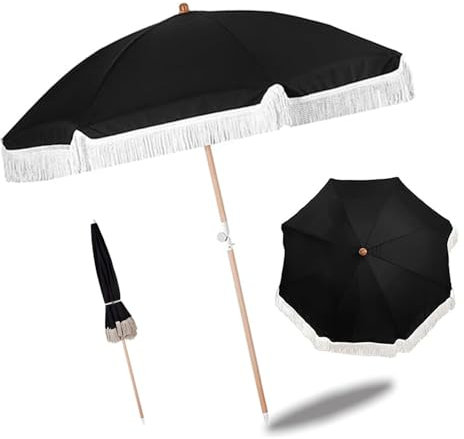 IMUNKT Black Patio Beach Umbrella With Fringe Boho Outdoor Umbrella 5Ft 8Ft Tilt Tassel Parasol For Garden, Poolside, Yard & Holiday(1.6m(5ft))