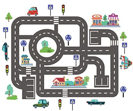 TRIXES Straßenaufkleber 42-teiliges Set - Selbstklebende Sticker | Straßen, Gebäude, Schilder und Fahrzeuge für Boden-, Tisch- und Wandspiel - 2 Bögen 90 cm x 30 cm