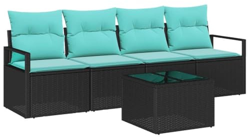 vidaXL Sofa Set 5 pcs Schwarz und Türkis Poly-Rattan, Moderne Gartenmöbel, langlebige Sofas, Terrassen-Sitzset, geflochtene Stühle, Lounge für den Sommer