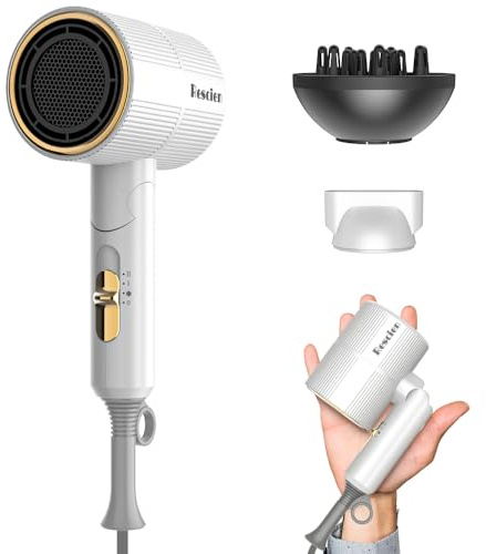 Secador de Pelo Iónico 2000W RESCIEN con Concentrador & Difusor [Pequeño/Plegable /2026NEW - 10 x 7 x 19cm / 250g] Secador de Viaje, Hair Dryer de secado rápido, Secador de salón, silencioso (Blanco)