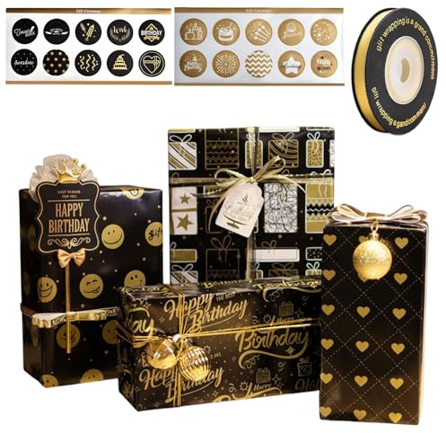 Geschenkpapier Schwarz Gold, 8 Blätter Geschenkpapier Mit 20 Aufklebern Und 5m Band, 70x50cm, Ideal Für Geburtstag, Hochzeit, Weihnachten Und Valentinstag