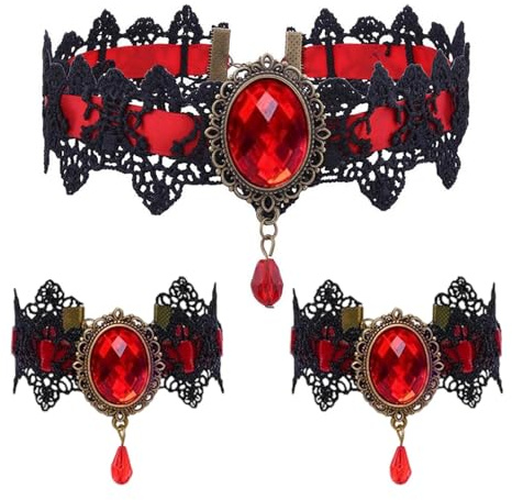 KBSICWO 3 Stück Spitze Choker Gothic Anhänger und Armband, Diamant Halskette Schmuck, Gothic Schmuck Set für Frauen Halloween Cosplay (Rot)