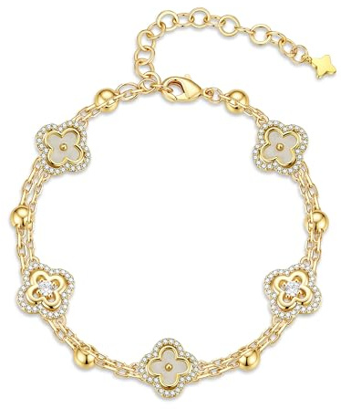 Turandoss Armband Damen Gold, 14K Vergoldet Lucky Kleeblatt Armband | Zirkonia Kleeblatt Armband Gold Link Armbänder Verstellbare Glücksarmband Schmuck Geschenk für Frauen Mädchen