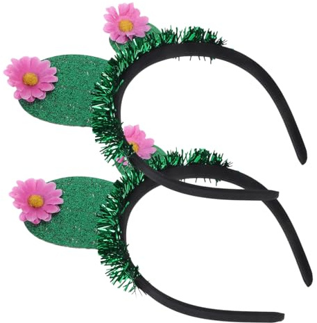 2Pcs Funny Cactus Headbands with Flowers, Glitter Party Hair Accessories | Green Felt and Cloth Decoration Props for Weddings, Celebrations, Photos, New Year, Christmas, Valentine’s Day