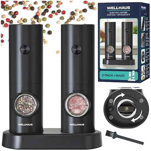 WELLHAUS Salz und Pfeffermühle Elektrisch – 2er Set Batteriebetriebenen Elektrische Mühle mit Basis Gewürzmühle & Salzmühle, Gewürzmühlen Mühlenset LED-Licht und Einstellbarer Grobheit, Schwarz