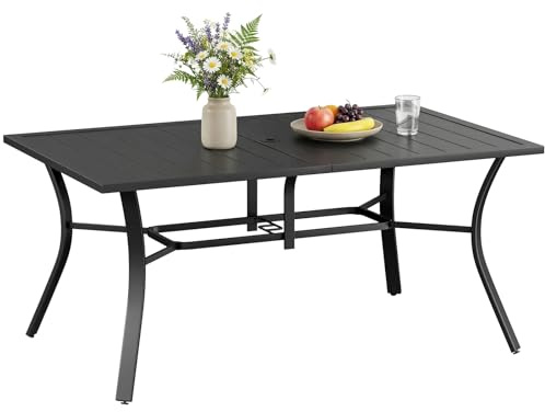 LIFERUN 160 x 96cm Garden Table with Parasol Hole, Outdoor Dining Table