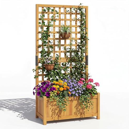 COSTWAY Jardinière avec Treillis en Bois avec Fond Amovible (Orange) | Bac à Fleurs Surélevé avec Trous de Drainage, Jardinière Brise-Vue pour Plantes Grimpantes Légumes Fruits, 76 x 32 x 143 cm