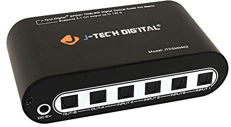 J-Tech Digital SPDIF TOSLINK Optical Audio Matrix Switch 4x2 Digital Audio Switcher 4 Inputs 2 Outputs [JTD-SM0402]