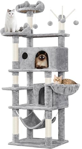 Yaheetech Arbre à Chat Multiniveau Hauteur 170cm Tour de Jeux Maison pour Chat avec Poteaux en Sisal 2 Niches Spacieuses Hamac Panier Jouets Amovibles Boules avec Clochette Gris Clair
