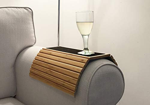 En Route Sofa Arm Tray Table. Slinky Secure/Flexible/Foldable Couch Tray Table with Non-Slip Mat for Drinks, Food, Phone or Remote. Sustainable Slinky Bamboo Design