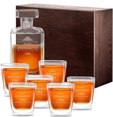 Maverton Whiskey Karaffe + 6er Whiskygläser Set - mit Gravur - Whisky Dekanter - 700ml - Geschenk zum Geburtstag für Männer - Zum Wohl!