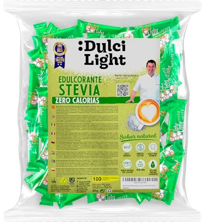 Dulcilight Natürliches Stevia Pulver Zucker-Ersatztoff 100 Stück - Zuckerersatz Ohne Kalorien Vegan Keto Glutenfrei Nicht-GMO Pflegen Sie Ihre Zähne Kein Bitterer Nachgeschmack