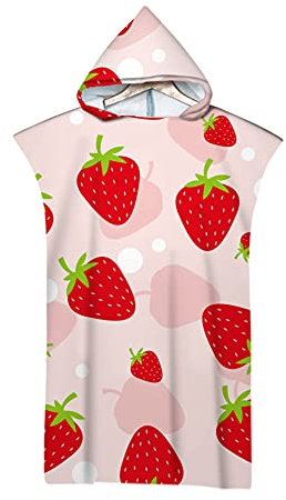 Highdi Badeponcho Strand, Obst Frucht Drucken Handtuch mit Kapuze Erwachsene Badeponcho Surf Poncho Schnelltrocknend Strandtuch aus Mikrofaser für Herren Damen (75x110cm,Erdbeere)
