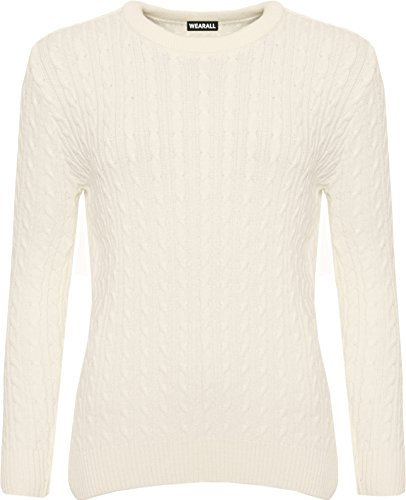 WearAll Women's Cable Knit Long Sleeve Top Ladies Jumper Sweater - Cream - 12-14