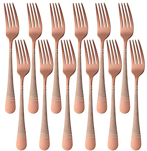 Buyer Star Rose Gold Dinner Fork Stainless Steel Table Fork Set of 12, Hammered Stainless Steel Cutlery Forks Set for Salad & Dessert, Laser Snake Line Pattern & Dishwasher Safe - 7.7 Inch