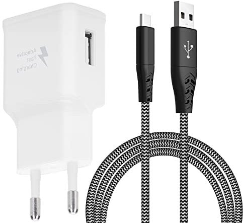 Chargeur Rapide Adaptatif avec Câble de Charge Rapide en Nylon USB-C 2M Compatible avec Samsung Galaxy S8/S9/S10 Plus/S10e/S20/S21/S22/A51/A52/A53/A40/A30/A20/Z Flip3, Z Flip4/Note 8/9/10, LG, HTC 10