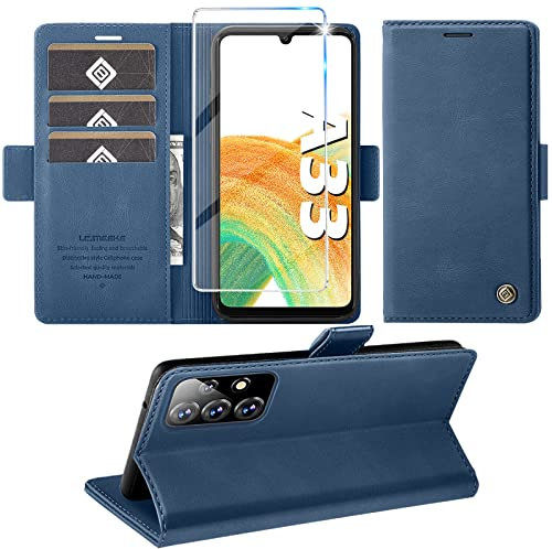 Handyhülle für Samsung Galaxy A33 5G Hülle mit Schutzfolie, Standfunktion Kartenfach Wallet Premium Leder Schutzhülle für Samsung A33 5G Flip Case Klapphülle 6.4 Zoll (Blau)