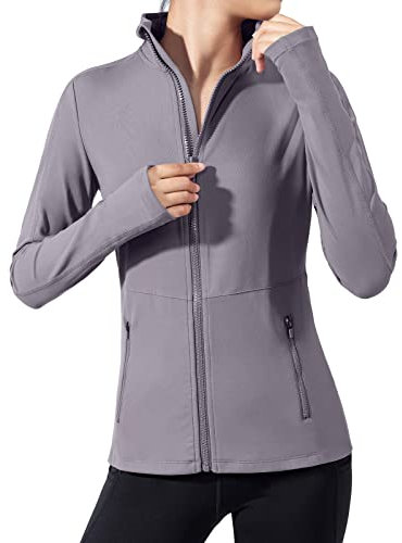 VUTRU Donna Giacca da corsa Collo alto Giacca sportiva leggera Manica lunga Camicia yoga Giacca fitness Giacca da allenamento traspirante con fori per i pollici e zip integrale Lila Grau L