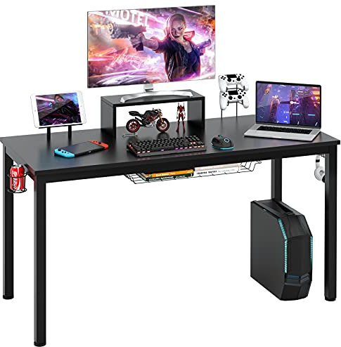 COSTWAY 140cm Gaming Tisch mit Monitorablage, Groß Gamer Schreibtisch, PC-Tisch mit Getränkehalter, Kopfhörerhaken, Aufbewahrungskorb, Medienablage, verstellbare Fußpolster