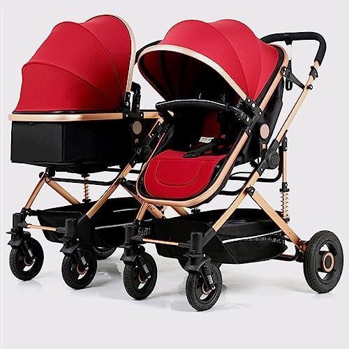 LEIYTFE Zwillings-Kinderwagen Abnehmbare Kutsche Kinderwagen, Faltbarer Doppelsitz-Tandem-Kinderwagen Baby-Reisesystem, Umkehrbarer Sitz Und Große Räder (Color : Red)