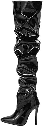 blingqueen Damen Schlupfstiefel Overknee Spitze Stiefel Stiletto Lack Schwarz 38 EU