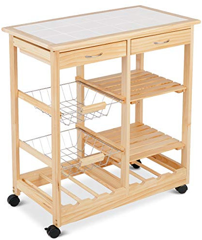 COSTWAY Kitchen Serving Trolley, Rolling Storage Bar Cart with Tile Worktop, Wine Racks, Mesh Baskets, Drawers & Shelves, Wooden Kitchen Island on Wheels for Home Restaurant (Natural)