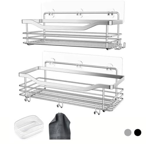 Estanteria baño sin Taladro - Organizador baño - Acero Inoxidable - Estanteria Ducha sin Taladro - Resistente al Oxido - Cesta Ducha - Incluye jabonera con Tapa y Toalla Gris pequeña. (2 Piezas)