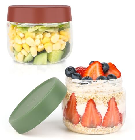 Musiwanna Rund Glasbehälter mit Deckel, 2er Set 300ml, Borosilikatglas Vorratsgläser Stapelbar, Klein Overnight Oats Gläser, Gläser für Müsli, Porridge, Jogurt, Chia Pudding, Gewürze (Rot&Grün)