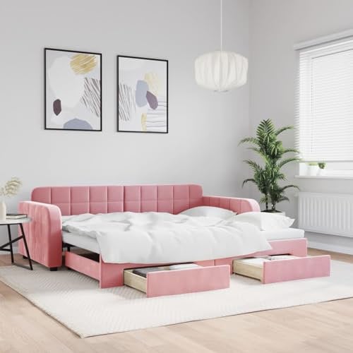 NITCA Divano Letto Estraibile con Cassetti, Divano Letto 2 Posti Divano Letto 3 Posti in Legno e Metallo, Letto da Giorno, Divani da Soggiorno Moderno in Velluto #1, Rosa 90x200 cm