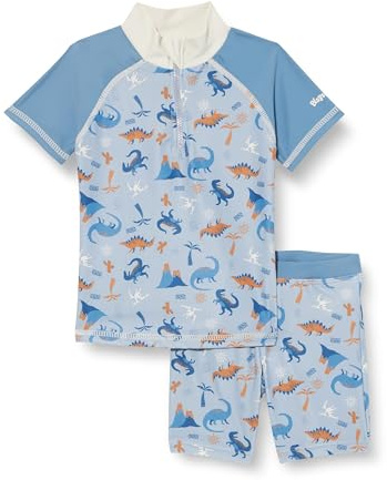Playshoes Unisex Kinder UV-Schutz Bade-Set zweiteilig Schwimmshirt Badeshorts Badebekleidung, Dino Allover, 86/92