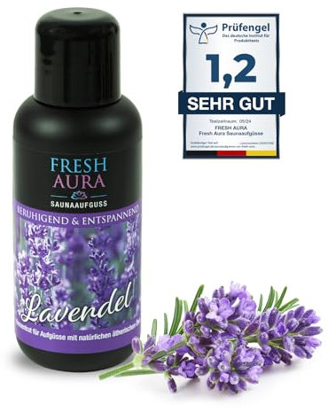 FRESH AURA Saunaaufguss – Sauna Aufgussmittel mit Lavendel und natürlichen ätherischen Ölen – Sehr ergiebiger und langanhaltender Saunaduft – beruhigend entspannend | Made in Germany (100ml)