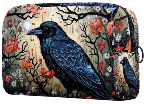 Kosmetiktasche für Damen, Motiv: Raben-Sonnenuntergang, große Make-up-Tasche, Organizer, Make-up-Kulturbeutel, Mehrfarbig 10, 18.5x7.5x13cm/7.3x3x5.1in, Art déco