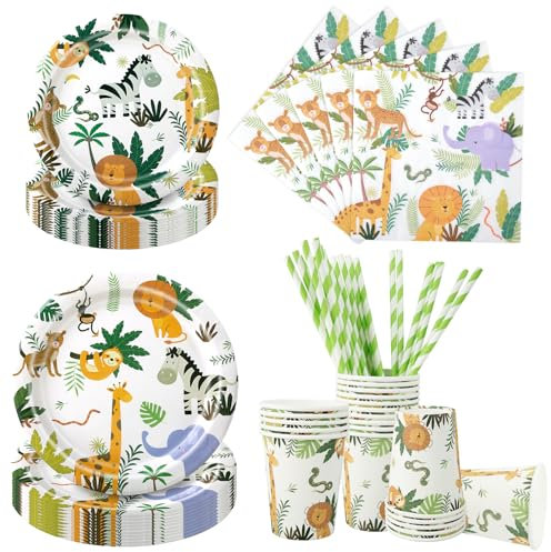 Aitsite Juego de 100 platos de fiesta tropicales con diseño de animales del bosque, platos de fiesta de cumpleaños para 20 invitados, aplatos desechables, vasos de papel, servilletas, pajitas